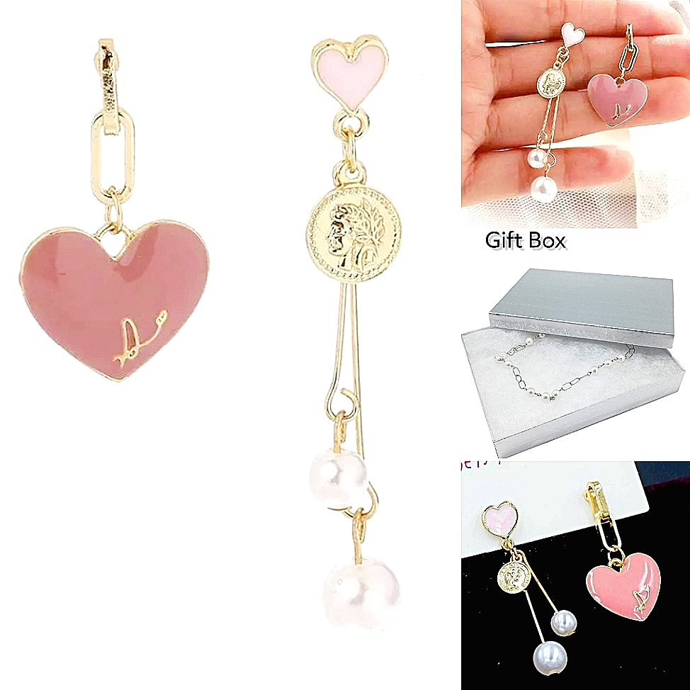 Gold Pink Heart Coin Pearl Drop Mismatched Earrings